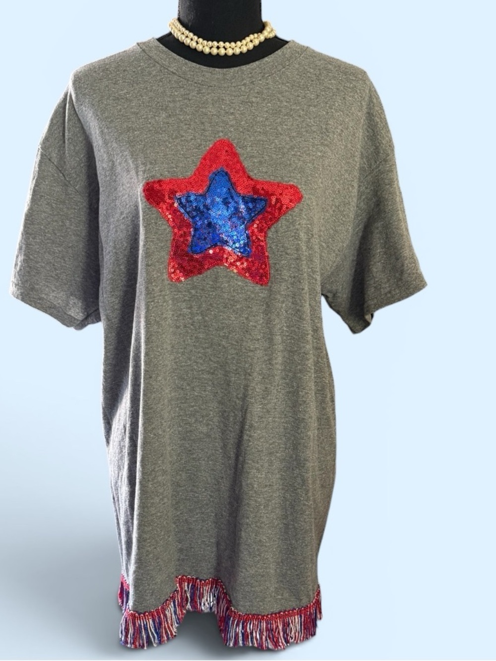 Gildan Heavy Cotton Tee L Gray Patriotic Sequin Star Fringe Hem USA Style